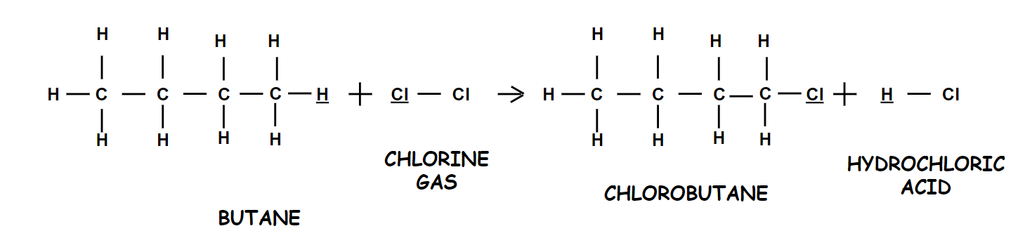 Butane + Chlorine Gas + Chlorobutane + Hydrochloric Acid