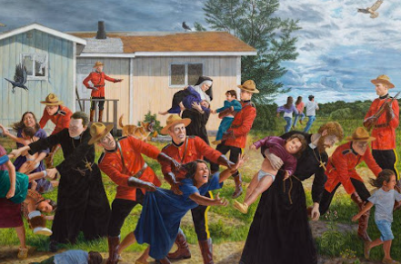 (A picture of Canadian Indigenous Children being seized by the RCMP
to be placed in Indian Residential Schools - Painting by 