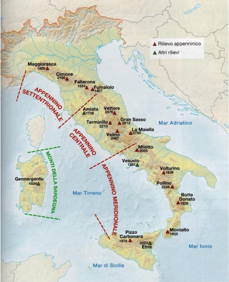 GLI APPENNINI
Sono costituiti da una serie di catene
parallele che si estendono da nord-ovest a sud-est per una lunghezza
di 