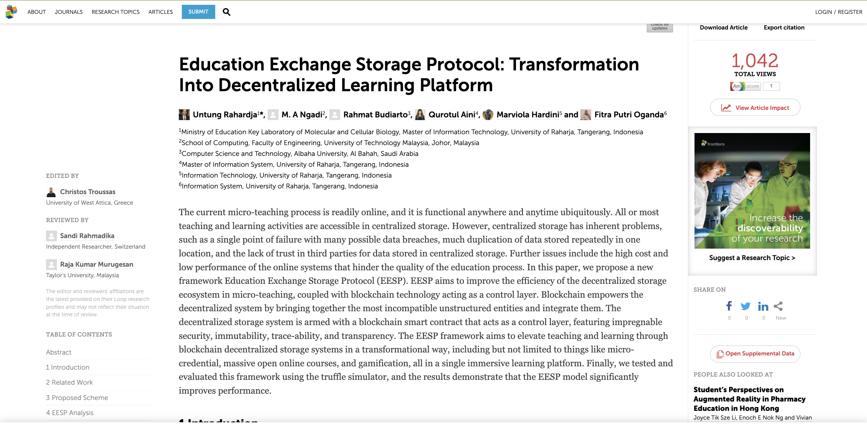 FRONTIERS IN EDUCATION (JOURNAL SCOPUS Q2)
Education Exchange Storage Protocol: Transformation into Decentralized Learning Pl