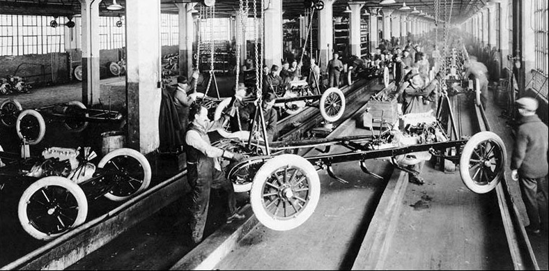 There was a increase in job availability due to the production of cars. The photo here shows the assembly line for cars in a 