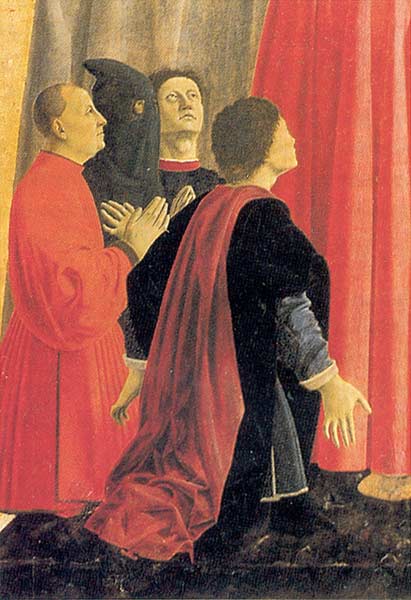 si pensa che i ritratti dei FEDELI di sinistra possano rappresentare i familiari di Piero della Francesca. E' presente anche 